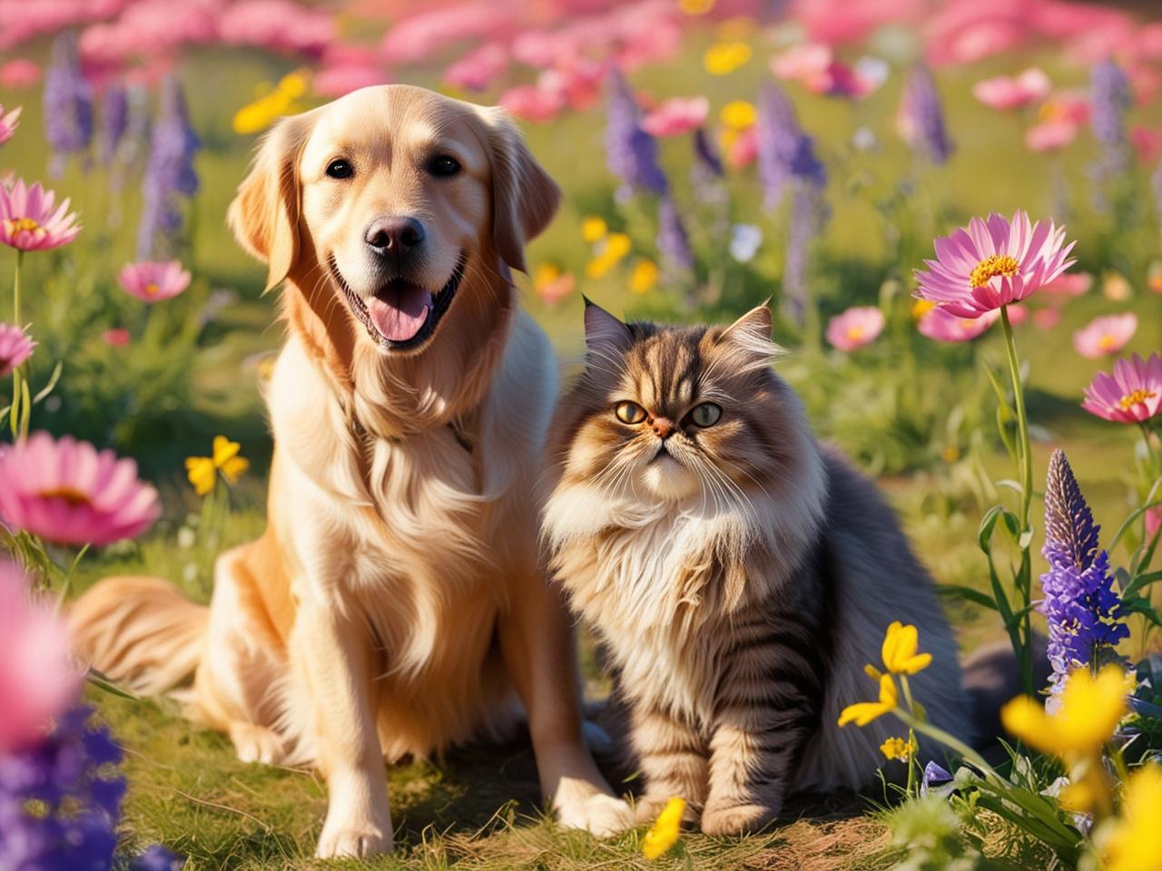 куче и котка на поляна